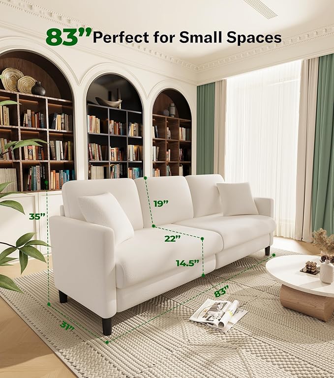 83" Couches for Living Room, Comfy Sofas for Living Room, Teddy Sofa Couch, Tool-Free Setup Loveseat Sofa, All-Wood Love Seat Couches, Small Couch 2 Pillows Included, Beige