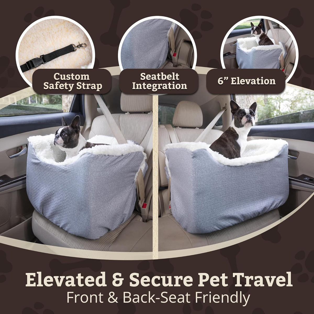 Snoozer Lookout I Dog Car Seat - Small Dog and Puppy Car Seat, Booster Bed for Small & Medium Size Pets up to 25 Lbs, Sherpa Lining, Elevated, Washable, Safe for Travel - Medium, Stone Diamond