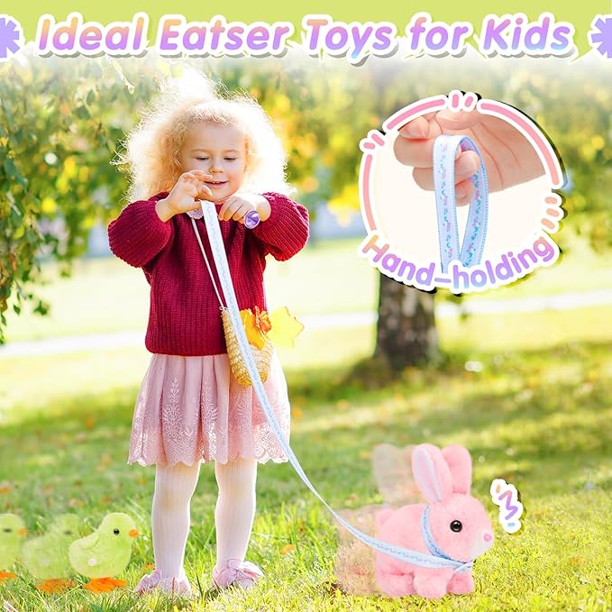 Tagitary Plush Toys Walking Bunny for Kids,Easter Stuffed Bunny with Sounds,Interactive Toys with Leash,Golden Egg,Wind Up Toy, Can Hop,Wiggle Ears,Twitch Nose,Ideal Easter Gifts for Toddlers