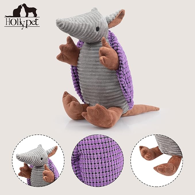 Hollypet Plush Dog Squeaky Toy Stuffed Armadillo Animal Pet Puppy Chew Toys with Clean Teeth for Small Medium Large All Breed Sizes Dogs, Purple, 14 in