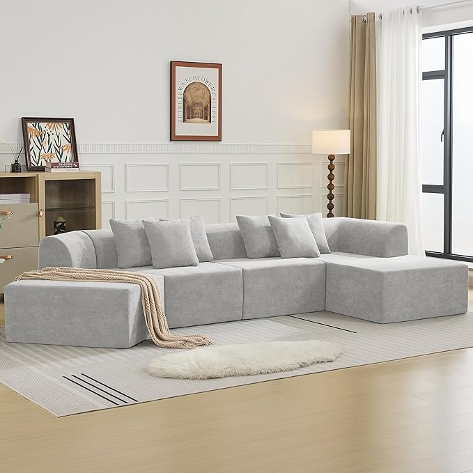 140''Oversized Cloud Velvet Curved Sectional Couch, Boneless Couch with L-Shape Chaise, Upholstered Compression Memory Foam Modular Sectional Sofa for Living Room, No Assembly Required, Grey