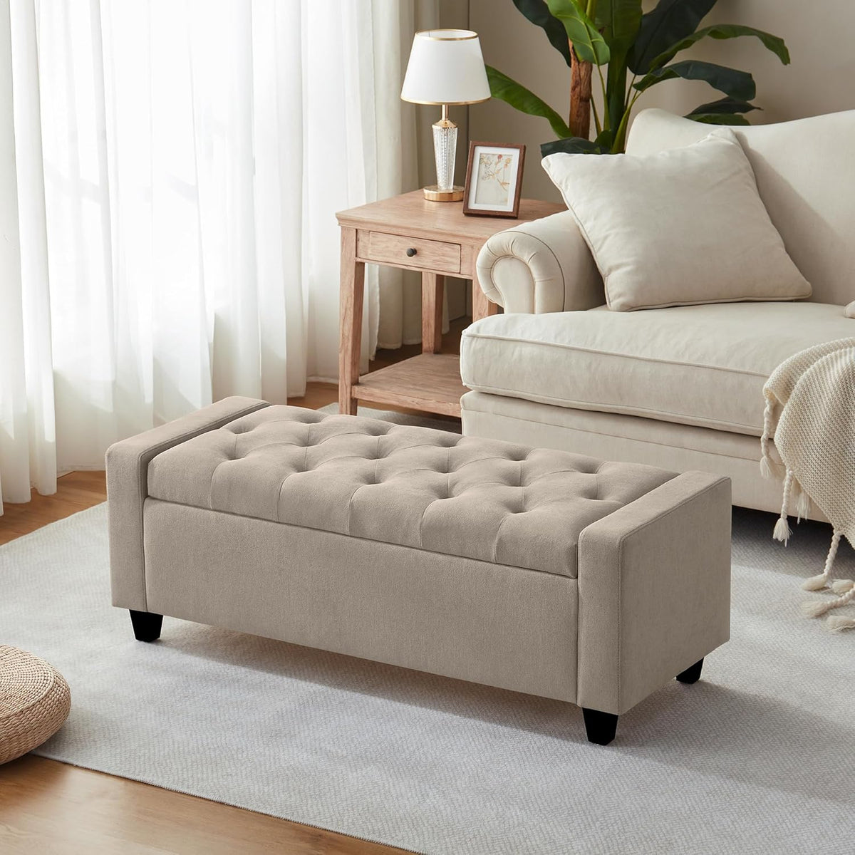 Ottoman with Storage, 48.8" Fabric Storage Ottoman Bench with Hinge, Bedroom Bench, Upholstered Benches with Seating for Living Room, Entryway (Khaki)