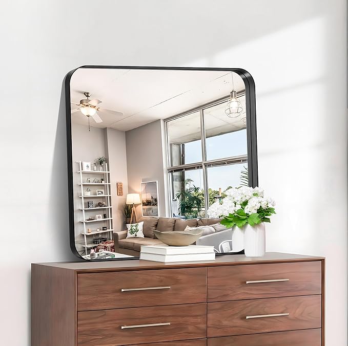 CIRCUMI Black Bathroom Mirror, Rounded Corner, Tempered Glass, Square Mirror