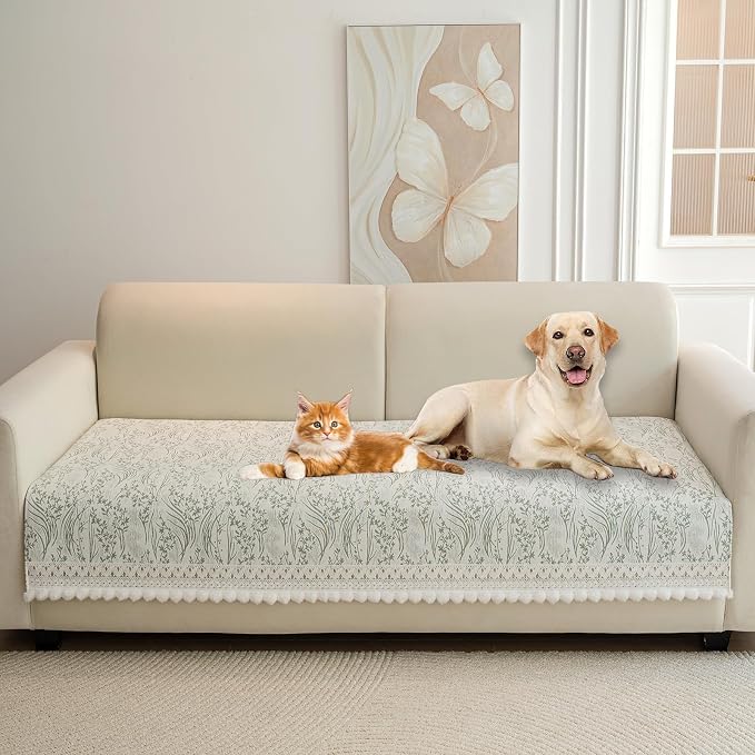 HANDONTIME Elegant Floral Pet Couch Cover, Jacquard Chenille Dog Bed Cover with Plush Fringe, Non-Slip Washable Sofa Protector for Dogs & Cats, Fits Sectionals 3 Cushion Couches (Green,35.4" x 63")