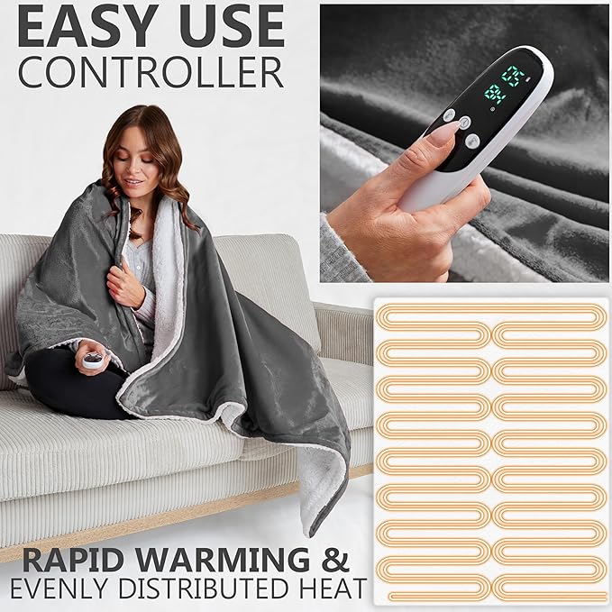 Heated Blanket Electric Luxurious Fleece Throw Blanket, 9 Heat Settings & 12H