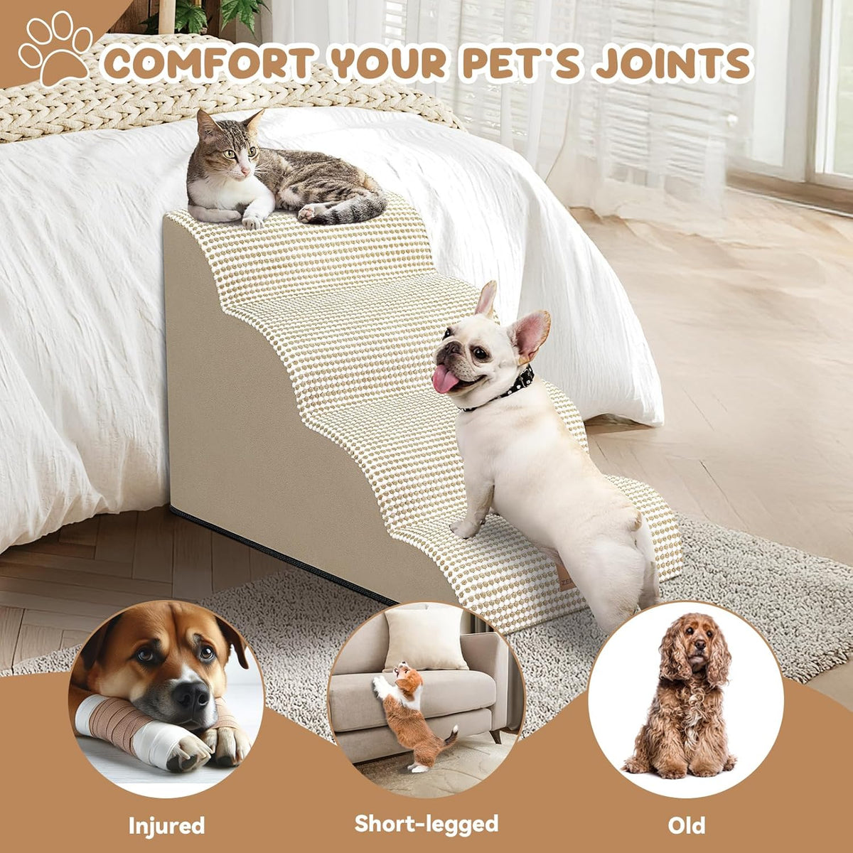 Dog Ramp and Stair for Bed 16" H-20 H,3-Step Cat Stair for Sofa and Chair,4-Step Dog Ramp for High Bed and Window,Durable Nonslip Fabric Cover for Indoor (Beige-20 H, Pet Friendly, 4)