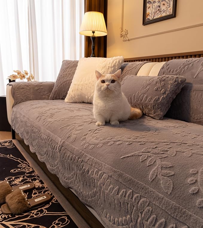 Grey Fuzzy Rabbit Plush Sofa Cover Cozy Warm Sofa Couch Covers with 3D Jacquard Leaf Pattern Non-Slip Easy-to-Install Shaggy Sofa Slipcover Prefect for Kids Dogs Cats Cats(Grey,36"x110")