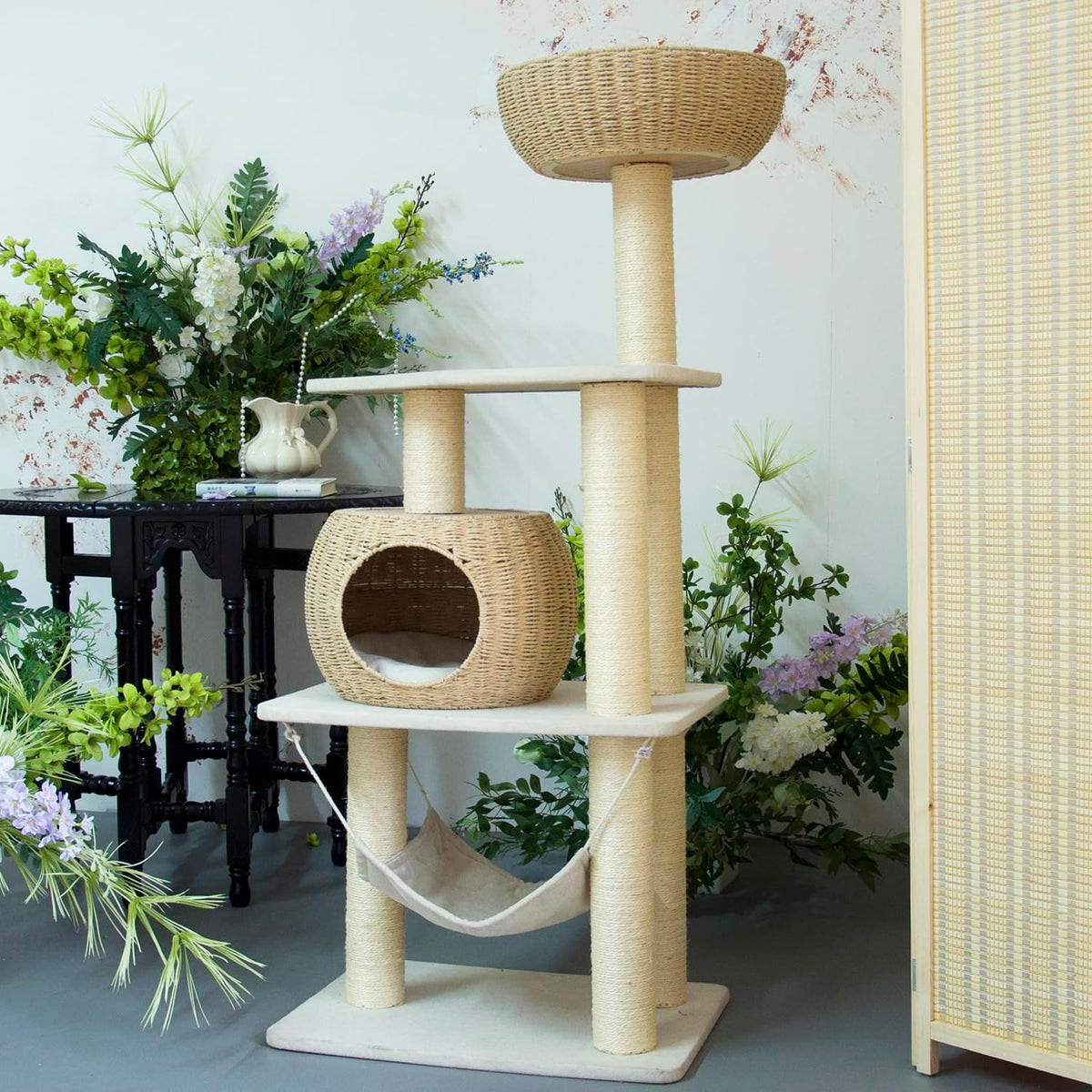 Wood Cat Tree for Indoor Cats, 52.4 Inch Tall, with Scratching Post and Hammock