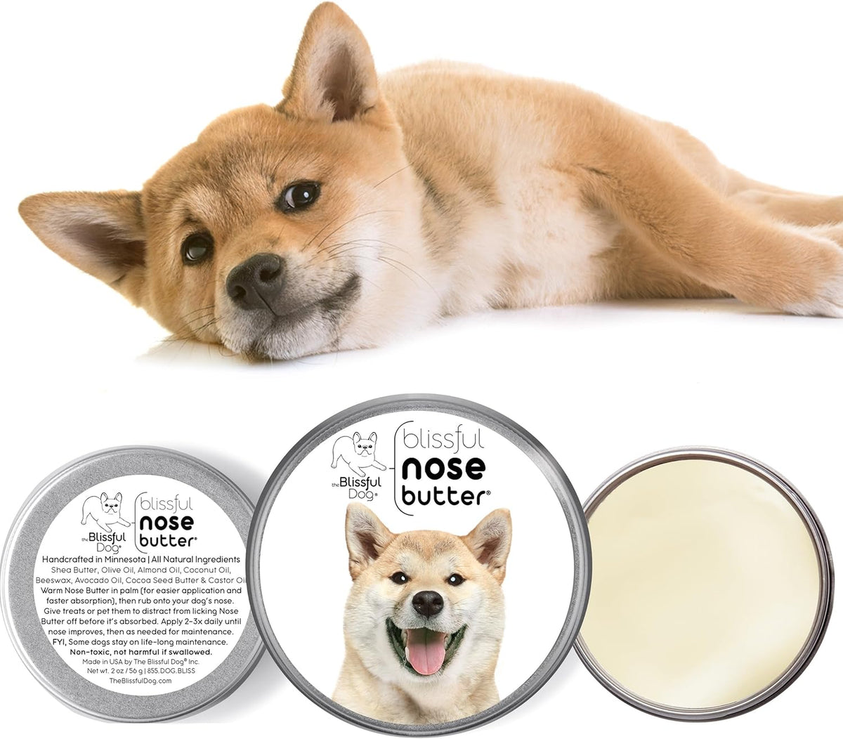 The Blissful Dog Shiba Inu Nose Butter for Dry, Cracked Skin, Lick-Safe Dog Nose Balm with Moisturizing Shea Butter, Almond, Olive, and Essential Oils, Pet Supplies, Uncented, 4 oz.