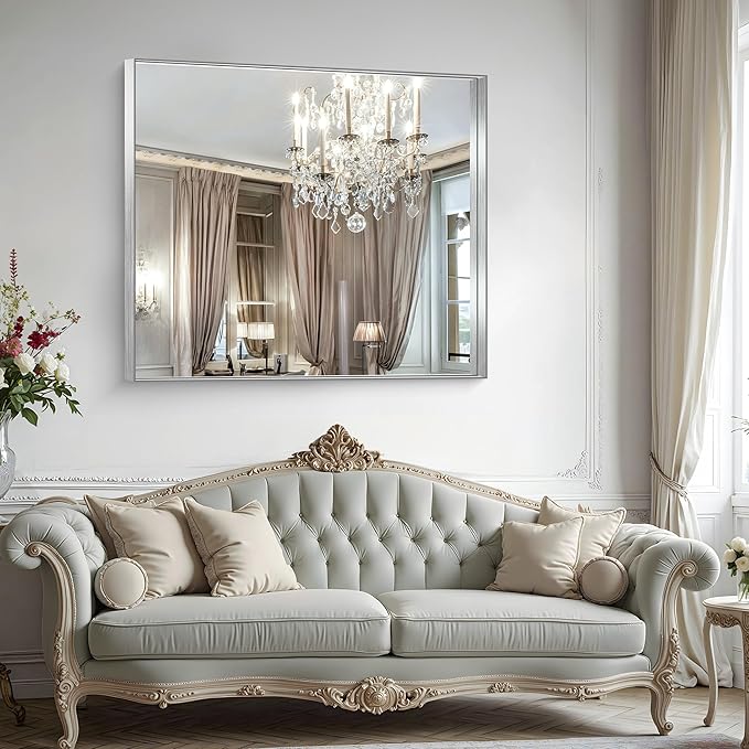 CIRCUMI Silver Bathroom Mirror, Brushed Finish, Tempered Glass, Large Mirror