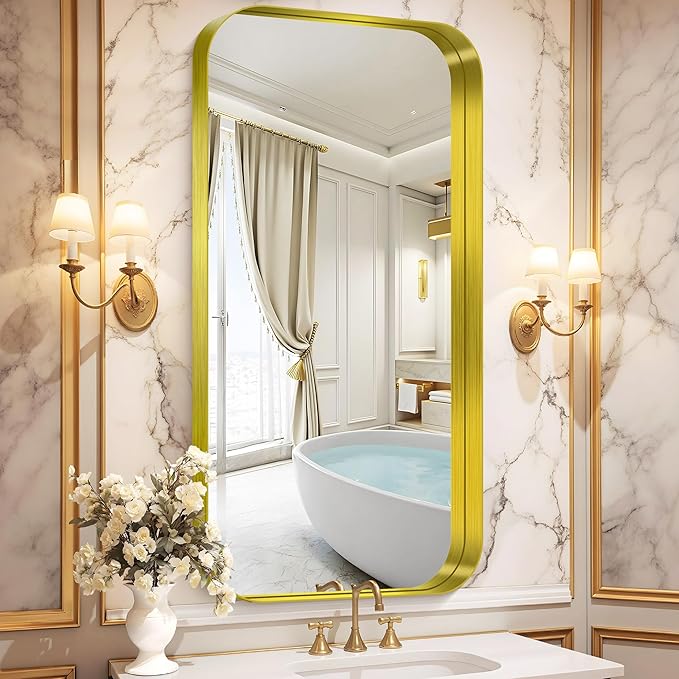 CIRCUMI Gold Bathroom Mirror, Rounded Corner, Tempered Glass, Large Mirror