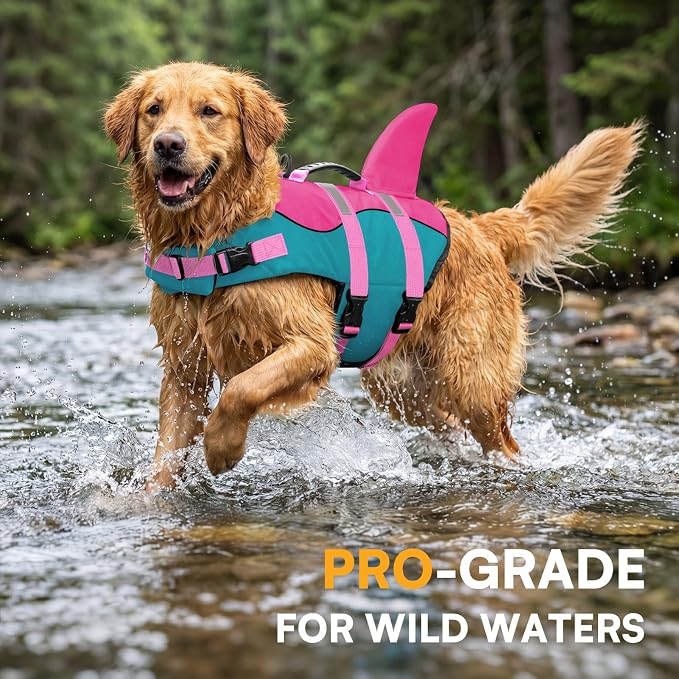 Dog Life Jacket,Dog Life Vest for Swimming,Dog Shark Life Jacket with Rescue Handle,Adjustable Reflective Dog Life Preserver for Large Dog,Green L