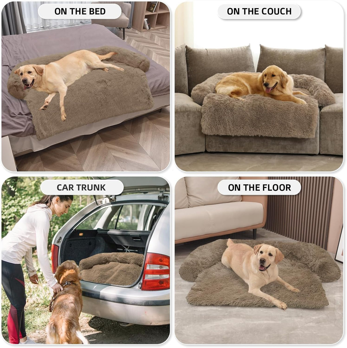 Calming Dog Bed Fluffy Plush Dog Mat for Furniture Protector with Removable Washable Cover for Large Medium Small Dogs and Cats (Extra Large (53x39.3x6), Camel)