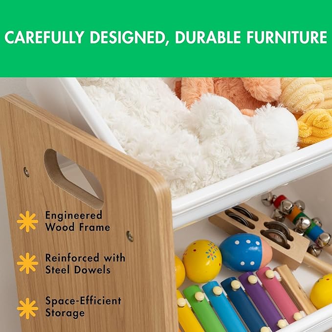 Humble Crew 9-Bin Toy Organizer – Journey Natural Wood with White Plastic Bins, 3-Tier Storage Solution for Kids' Playrooms and Nurseries