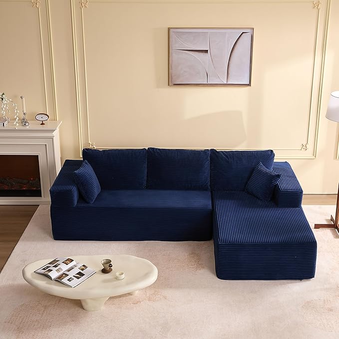 107" Boneless Couch with Deep Seat, Modular Sectional Sofa, Cloud Sectional Couch for Living Room, No Assembly Required, Corduroy, L-Shape Right?Blue