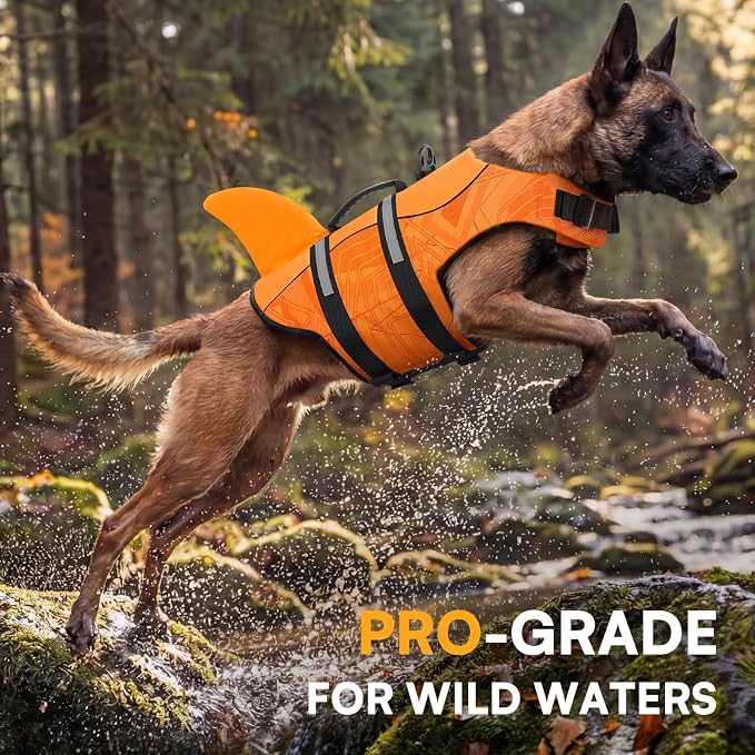 Dog Life Jacket High Flotation, Reflective Dog Life Vest for Swimming, Adjustable Dogs Life Preserver Rescue Handle Spring Summer Pool for Small, Medium, Large Dogs (OrangeLines,M)