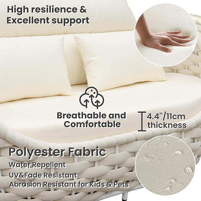 Erotr Woven Rope Outdoor Sofa Set: 5 Pieces Aluminum Patio Conversation Set Assembled - All Weather Cushioned Porch Furniture Couch - Modern Metal Lounge Set for Deck Yard Resort Hotel Sunroom, Beige
