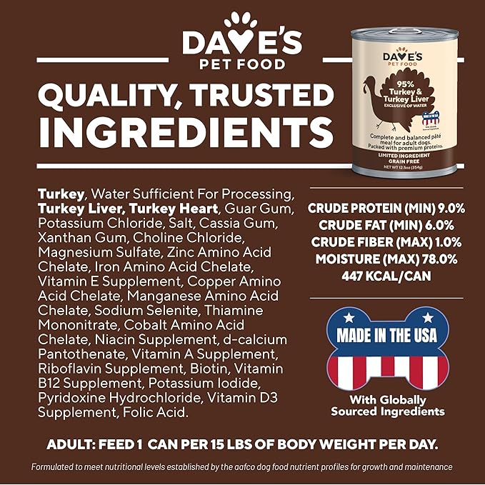 Dave's Pet Food Grain Free Wet Dog Food (95% Turkey & Turkey Liver), Made in USA Single-Source Protein, Limited Ingredients, 12.5 oz Cans (12 Pack)