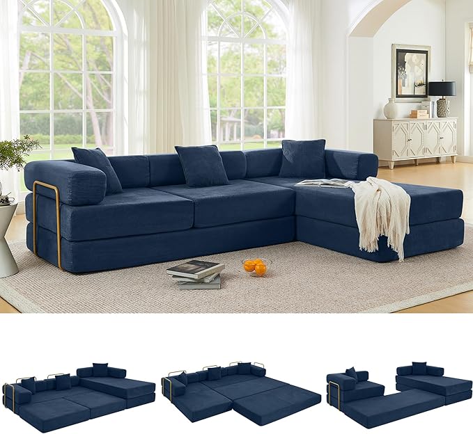108" Oversized Convertible Sleeper Sofa Bed, Corduroy L Shape Sectional Couch, Folding Sofa Bed with Fixed-Shape Frame, Modern Cloud Floor Mattress Couch, Modular Sofa for Living Room, Blue