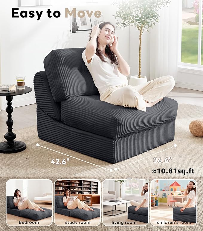 Tbfit 35.8‘’ Oversized Folding Sofa Bed, Convertible Sleeper Chair with Adjustable Back, Corduroy Folding Couch Bed, Portable & Foldable Boneless Floor Sofa for Living Room, Bedroom, Dark Grey