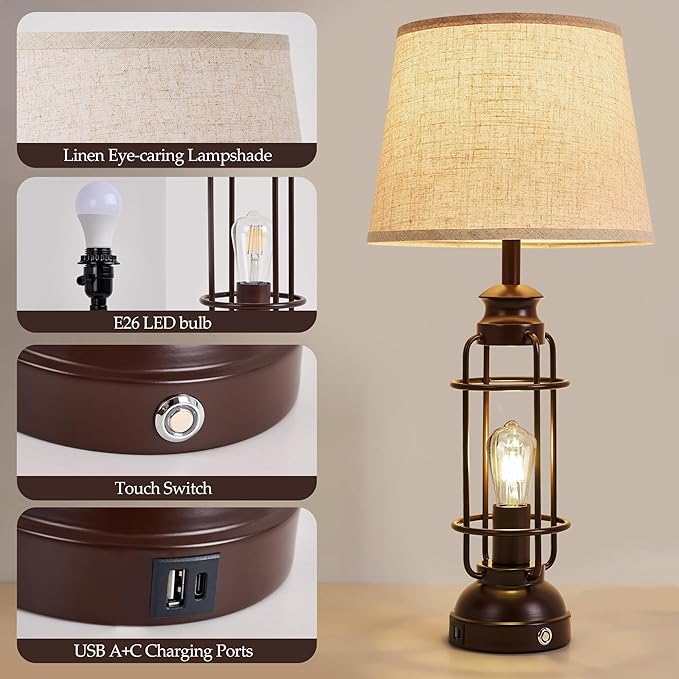 28" Table Lamps for Living Room Set of 2,3 Way Dimmable Touch Lamps with USB A+C Ports,Farmhouse Table Lamps for Bedroom,Industrial Lamp for Living Room End Tables,4 Bulbs Included