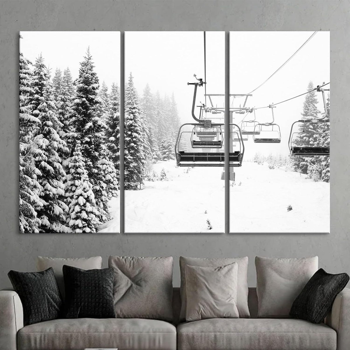 Nature Wall Art Prints - Ocean Forest Mountain Lake Canvas Landscapes - Small to Extra Large Living Room Bedroom Kitchen Bathroom Décor (Ski Lift on Snowy Mountain, 31L" x 47W" - 3 Panels)