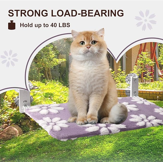 Cat Window Perch, Foldable Cat Window Hammock with Cute 3D Textured Flower Cover, Breathable Mesh Cover and Strong Suction Cups, Cordless Window Seat Bed for Indoor Cats (Purple, Medium)