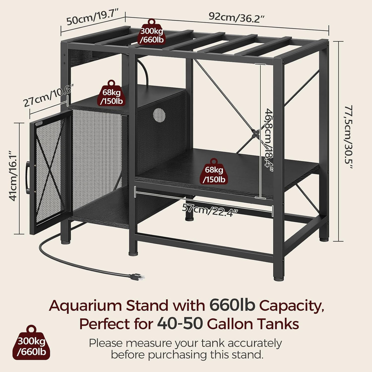40-50 Gallon Fish Tank Stand, Aquarium Stand with Power Outlet and Storage Cabinet, Heavy Duty Tank Stand Suitable for Turtle Tank, Reptile Terrarium, for Home Office, Black FTBK50E01