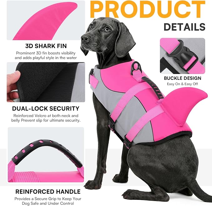 Dog Life Jacket Ripstop Shark Dog Safety Vest Adjustable Preserver with High Buoyancy and Durable Rescue Handle for Small,Medium,Large Dogs, Pink Shark Medium