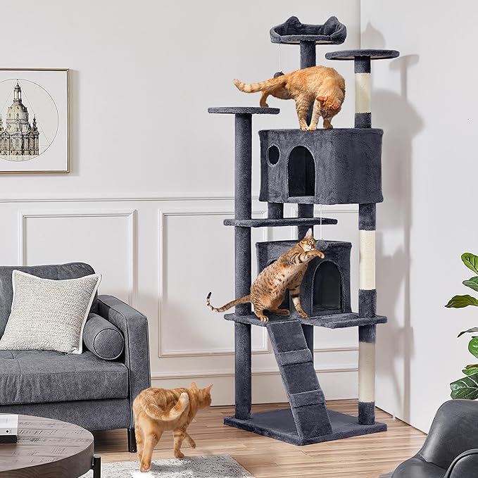 Yaheetech XL Cat Tree, 80in Multi-Level Tower With Scratching Posts, Double Caves, Perched Platforms and Dangling Balls, Stand House for Kittens Pet, Dark Gray
