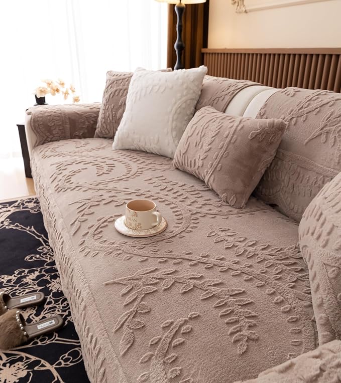 Fuzzy Rabbit Plush Sofa Cover Cozy Warm Sofa Couch Covers with 3D Jacquard Leaf Pattern Non-Slip Easy-to-Install Shaggy Sofa Slipcover Prefect for Kids Dogs Cats Cats(Cream Coffee,36"x82")
