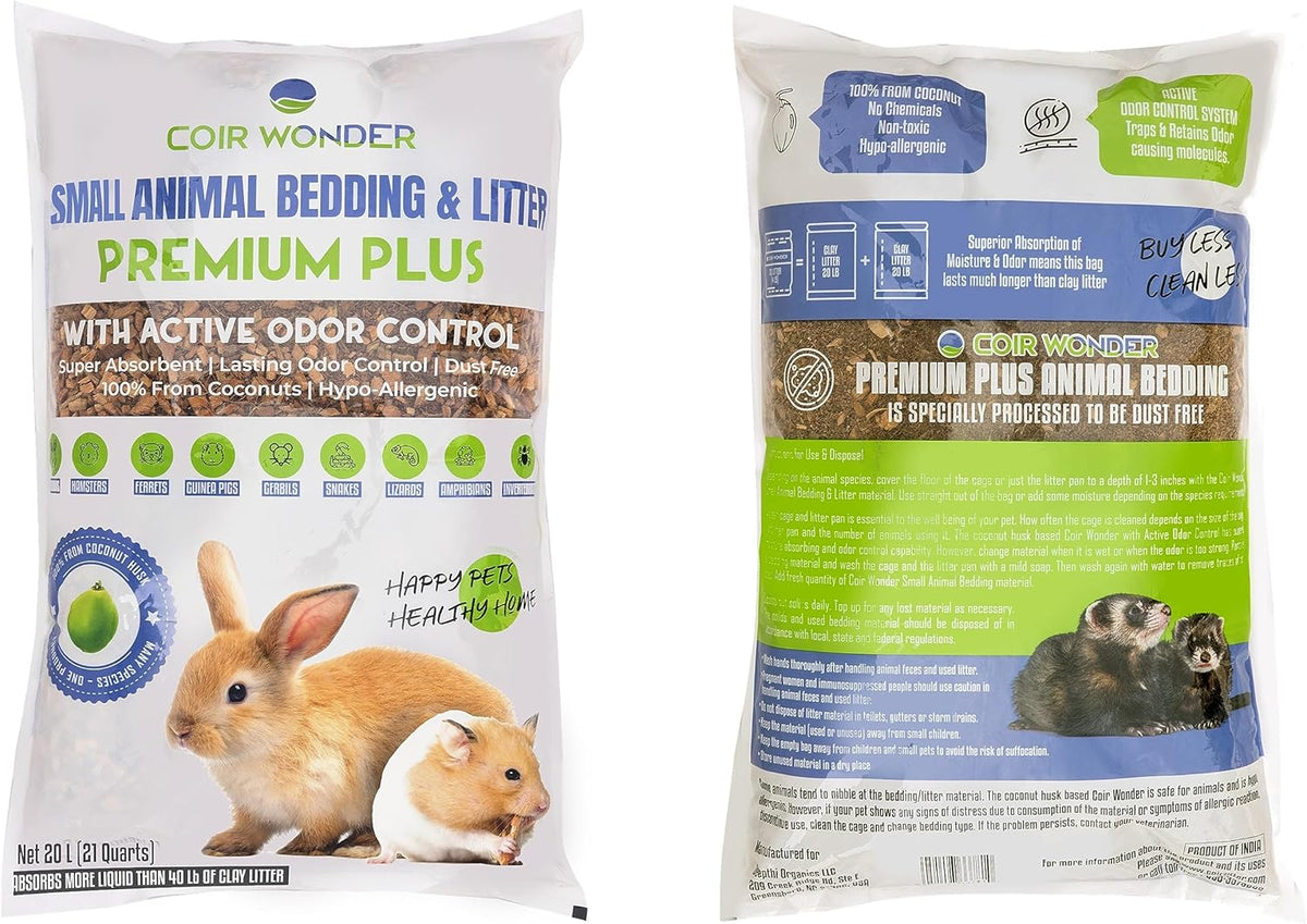 Small Animal Bedding – 20 Liter – Natural Coco Chip Substrate with Activated Charcoal Odor Control – for Chicken Coop, Rabbit Cage, Hamster Habitat, Reptile Terrarium & Snake Tank