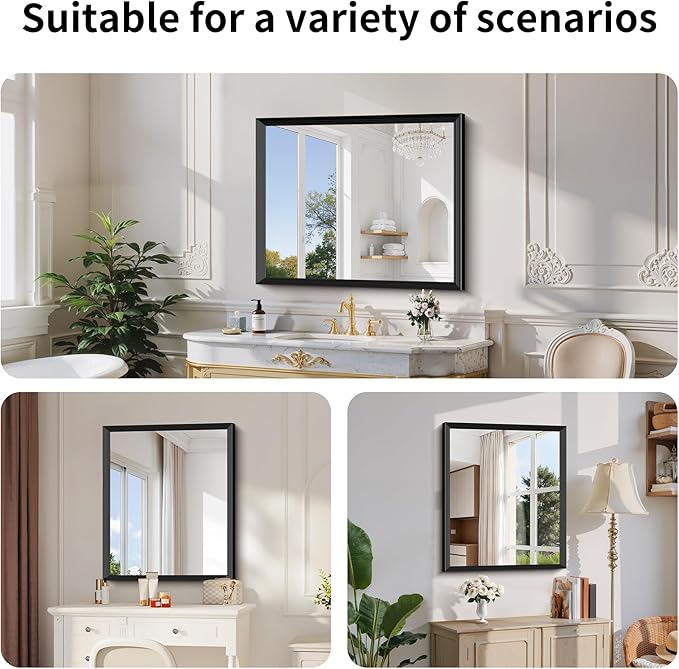 Black Bathroom Mirror 30 x 36 Inch Rectangle Wave Beveled