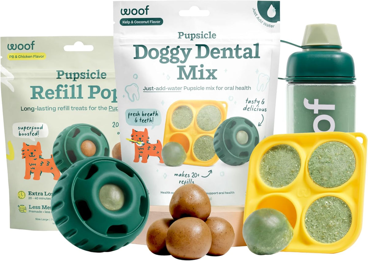WOOF Dental Kit- Includes Pupsicle Dog Toy, Treat Tray, Shaker Bottle, Chicken Pupsicle Pops, and Dog Teeth Cleaning Powder - Supports Oral Health for Dogs - Large