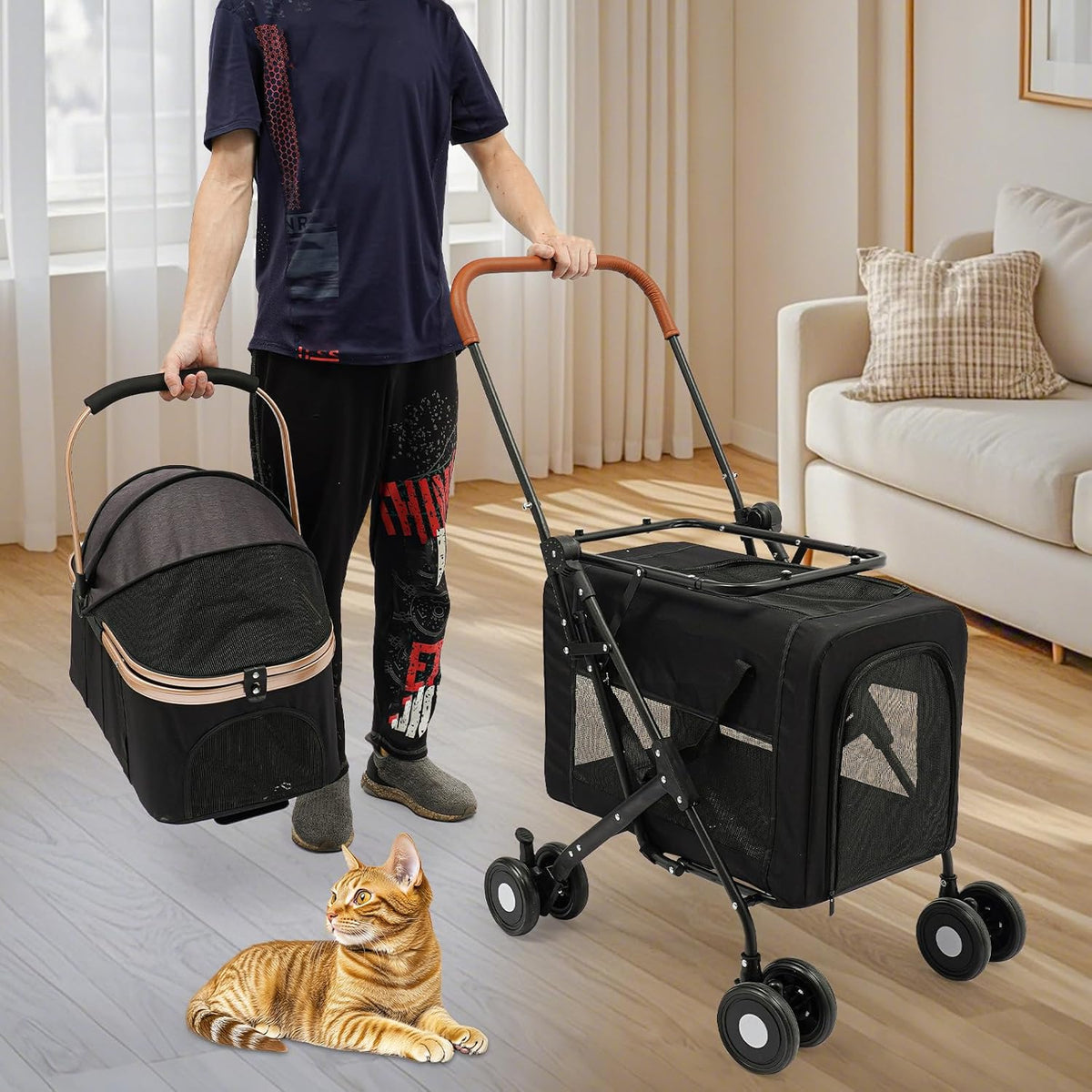 Foldable Pet Stroller for Small & Medium Dogs, Double Dog & Cat Stroller with 3-in-1 Travel System, Detachable Pet Carrier with Wheels for Cats and Dogs up to 77 lbs, Black