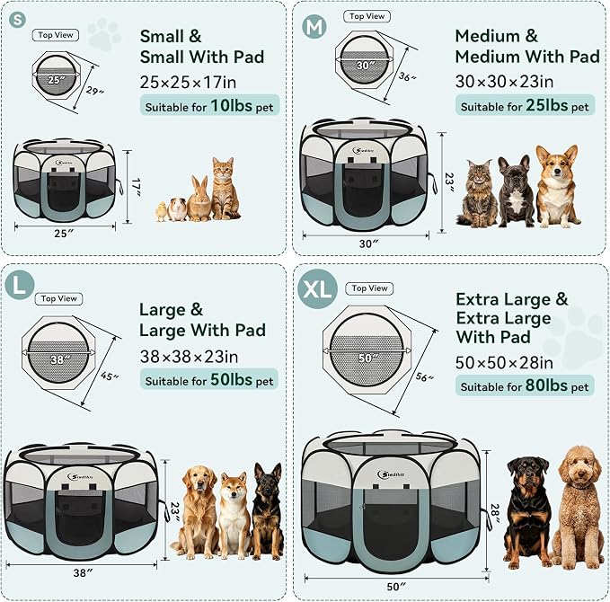 Siedihit Dog Playpen, Puppy Pet Playpen, Medium Dogs Tent Crates Cage Indoor/Outdoor, Portable Pop Up Dog Kennel Playpen with Carrying Case for Dogs/Cats/Rabbits, Removable Zipper Top, Grey
