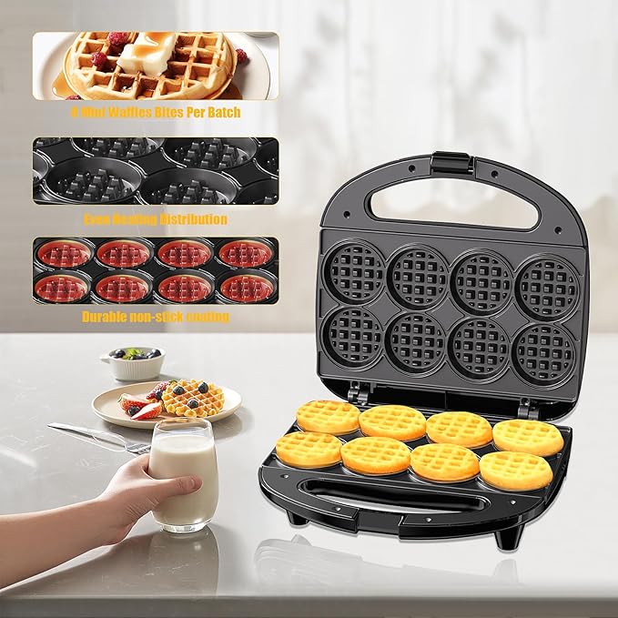 OSTBA Mini Waffle Maker: 750W Powerful Heating, Cooks 8 Waffles at Once