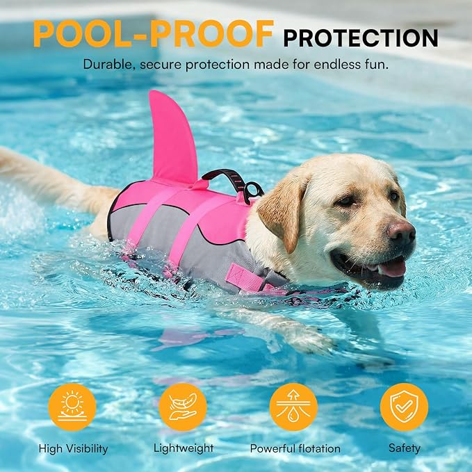 Dog Life Jacket Ripstop Shark Dog Safety Vest Adjustable Preserver with High Buoyancy and Durable Rescue Handle for Small,Medium,Large Dogs, Pink Shark Medium