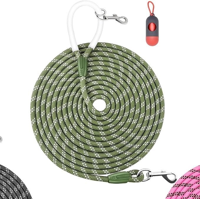 Nylon Dog Leash 6FT 10FT 20FT 30FT Diameter 2/5 Inch with Comfortable Silicone Handle Highly Reflective No Tangle for Medium Large Dogs Outside Walking Camping Backyard. (Green, 20FT)