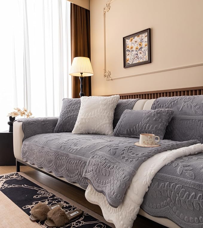 Grey Fuzzy Rabbit Plush Sofa Cover Cozy Warm Sofa Couch Covers with 3D Jacquard Leaf Pattern Non-Slip Easy-to-Install Shaggy Sofa Slipcover Prefect for Kids Dogs Cats Cats(Grey,36"x70")