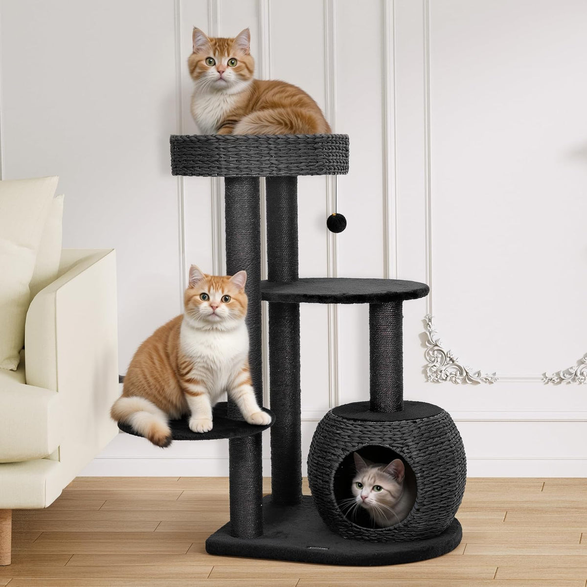 KAMABOKO Modern Cat Tree, 39" Tall Cat Trees for Indoor Cats, Cat Condo Natural Sisal with Scratching Posts, Hand-Woven Tower & Top Perch, Cat-Tree for Kittens Climb Play & Rest Black