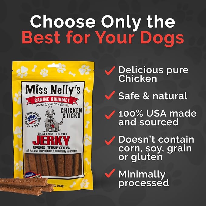 Miss Nelly's - Chicken Jerky Dog Treats - Soft Sticks - USA Made and Sourced - Original Smoke House Recipe - Small Batch Chicken Jerky for Dogs - Minimally Processed - 16 oz. Bag
