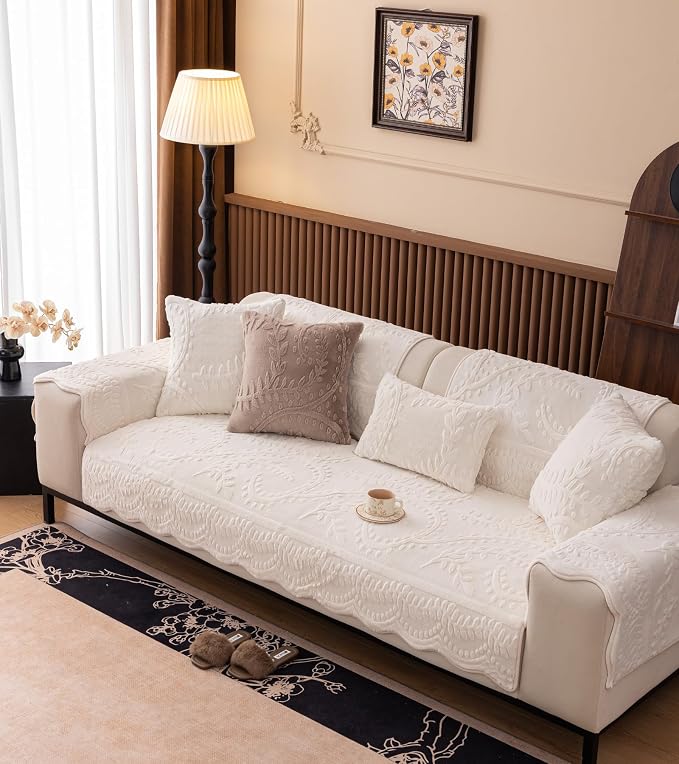 White Fuzzy Rabbit Plush Sofa Cover Cozy Warm Sofa Couch Covers with 3D Jacquard Leaf Pattern Non-Slip Easy-to-Install Shaggy Sofa Slipcover Prefect for Kids Dogs Cats Cats(White,36"x110")
