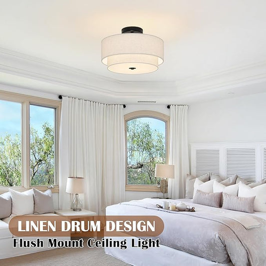 3 Light Semi Flush Mount Ceiling Light Fixture 15.7 Inch Modern Black Drum Ceiling Light Fixture with 2-Layer Fabric Shade Dimmable Close to Ceiling Light for Living Room Hallway Bedroom Entryway