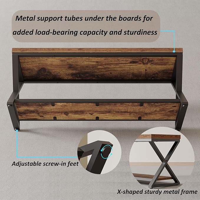IBF Farmhouse Wood Bench, Industrial Storage Entryway Indoor Bench for Bedroom Hallway Living Room, Rustic Wooden Metal Shoe Rack Accent Foyer Bench Seat for Entrance Sitting, Rustic Brown, 47 in Long