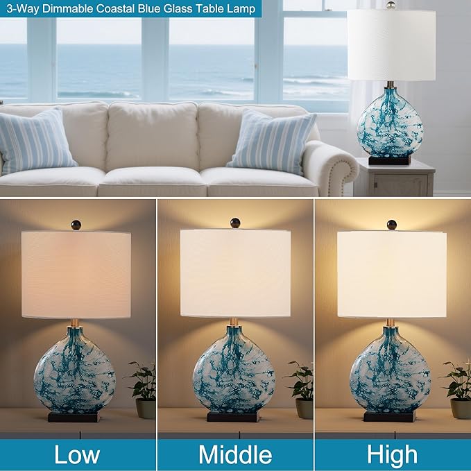 Maxax 24" Coastal Glass Table Lamp, 3-Way Dimmable Blue Glass Bedside Lamp with White Drum Shade for Living Room Bedroom Nightstand