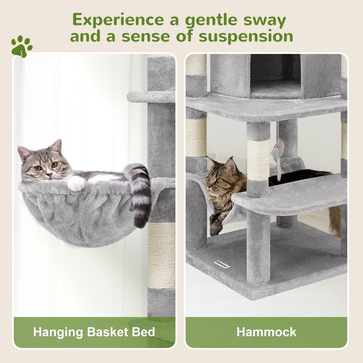 Globlazer Corner Cat Tree for Large Cats, 66inch Tall Curved Series Large Cat Tower for Multiple Indoor Cats with 6 Scratching Posts, 2 Spacious Cat Condos, Hammock, Hanging Basket, C66, Light Grey