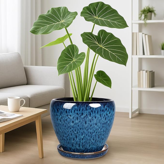 Deep Dream 10 Inch Plant Pot- Ceramic Planter Pot Round Plant Pots for Indoor Plants Outdoor Large Flower Pot with Drainage Holes & Trays, Blue