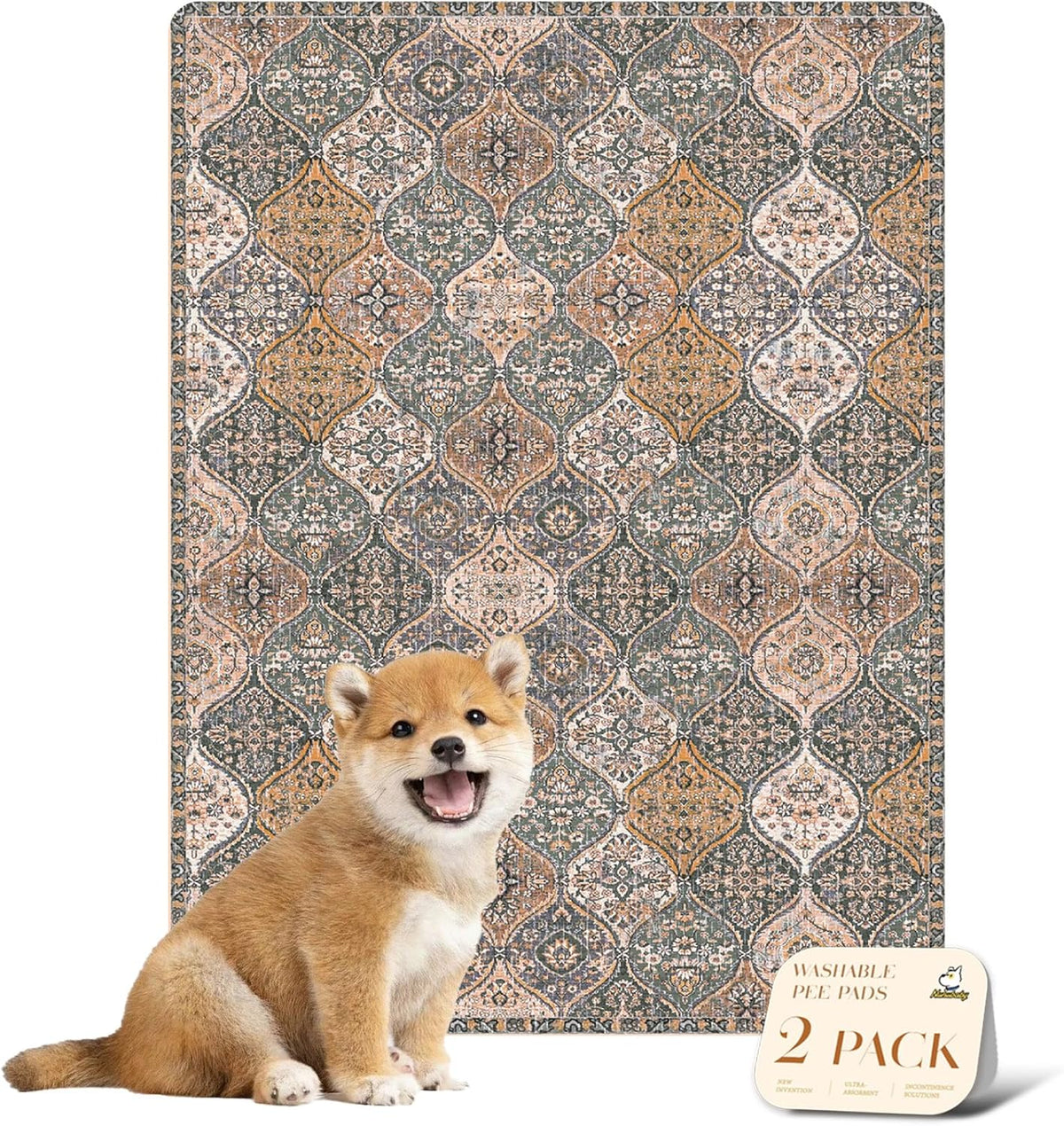nunubaby Washable Pee Pads for Dogs, Stylish, Non-Slip and Leak-Proof Pee Pads. Reusable Potty Pads for Dogs for Crates and Floors.(Brown/Multi, 18" x24")