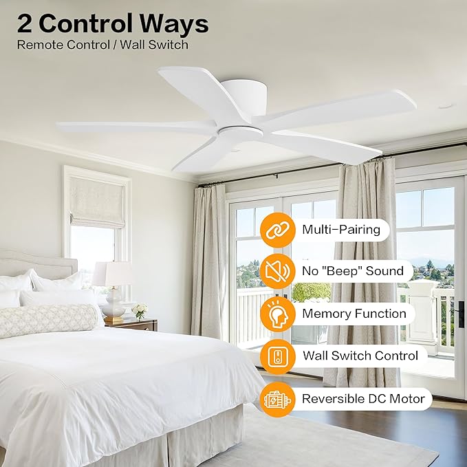 WINGBO 54" Flush Mount DC Ceiling Fans Without Lights, 5 Carved Solid Wood